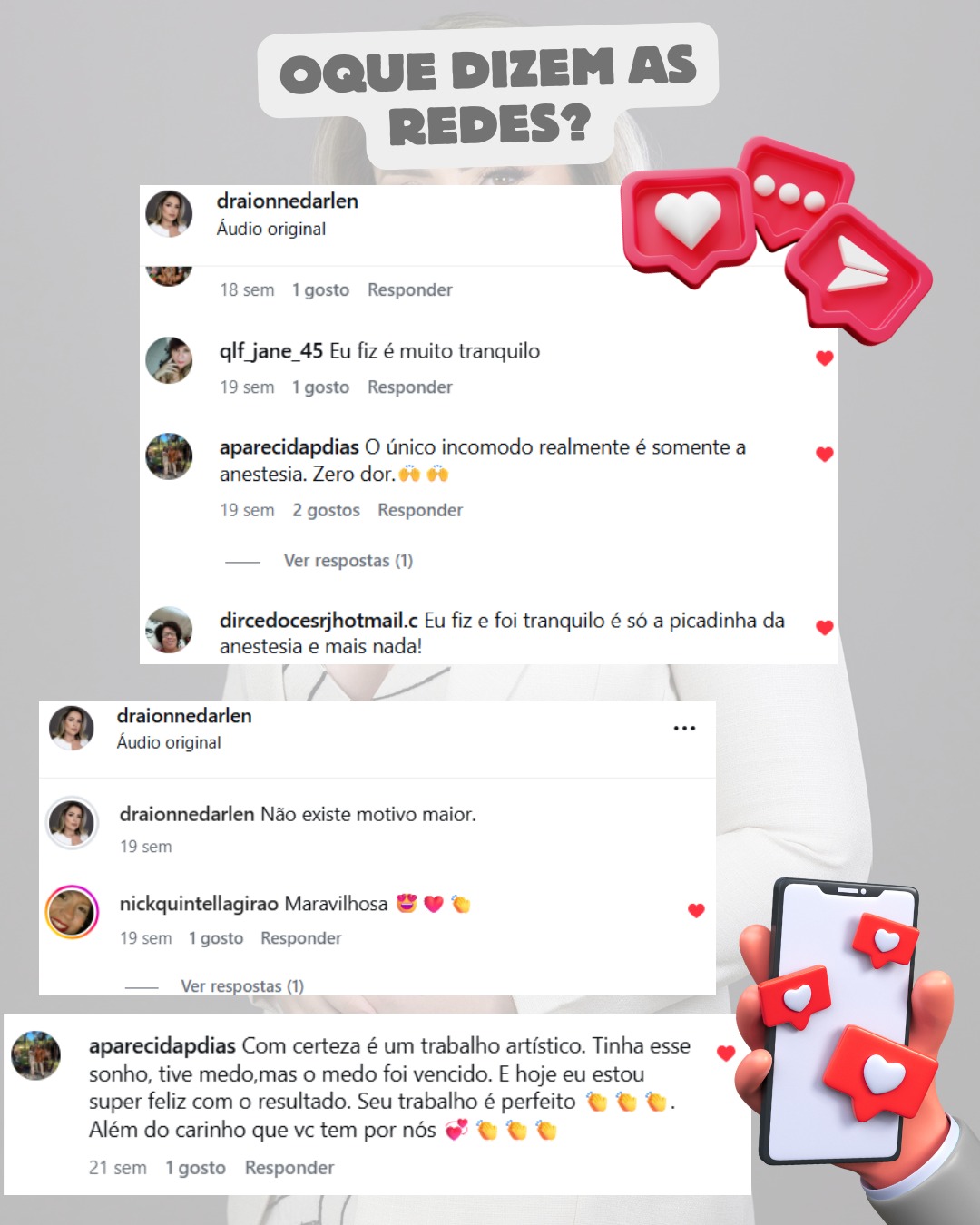 Pacientes relatando experiência tranquila com a blefaroplastia conduzida pela Dra. Ionne Darlen