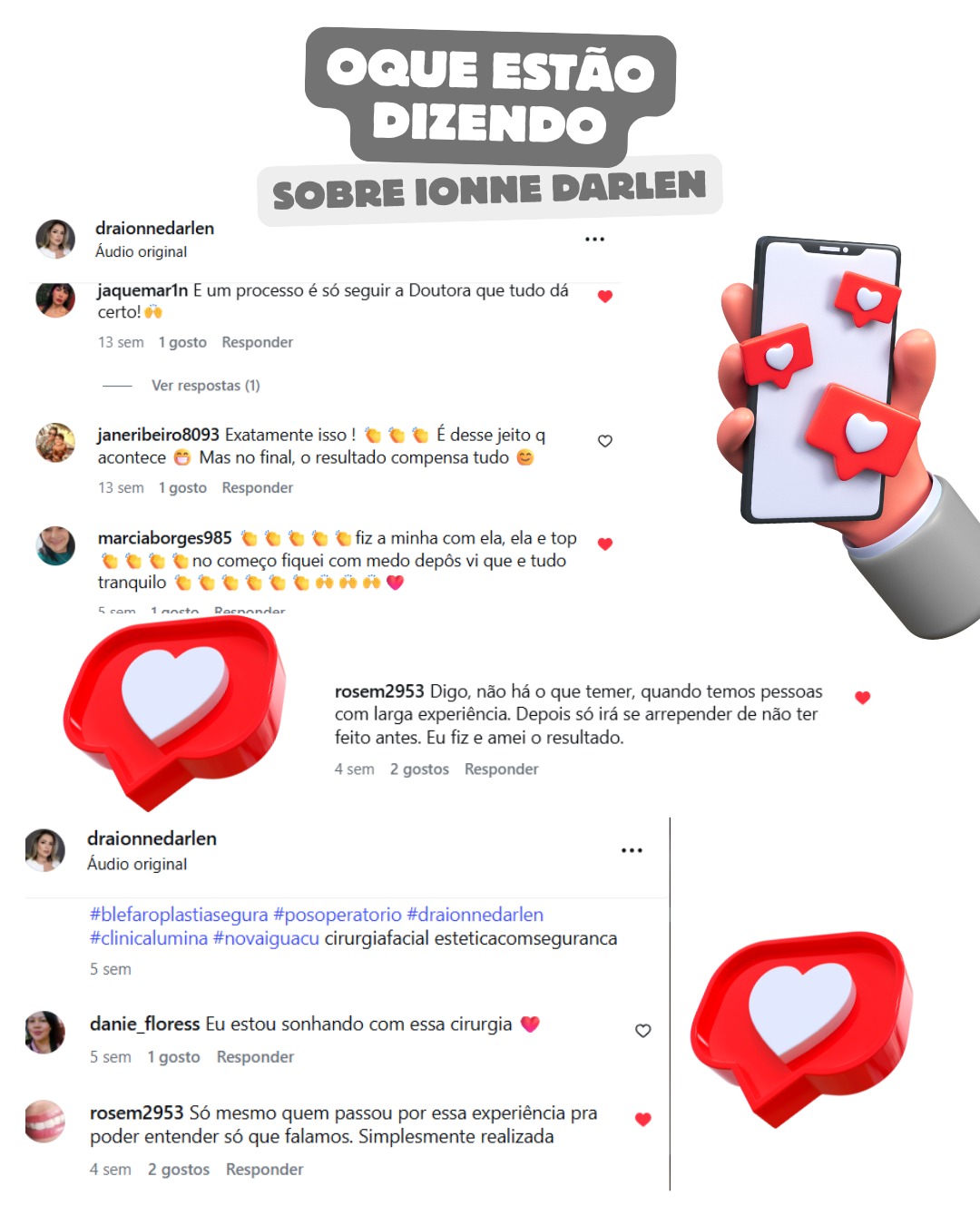 Mensagens de pacientes elogiando o resultado e o atendimento da Dra. Ionne Darlen