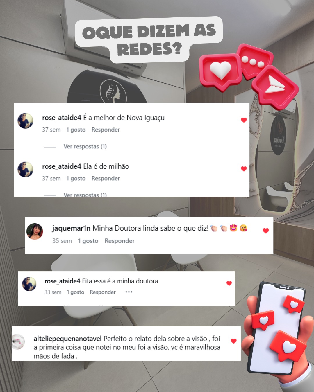 Mensagens reais de pacientes elogiando a Dra. Ionne Darlen como referência em Nova Iguaçu